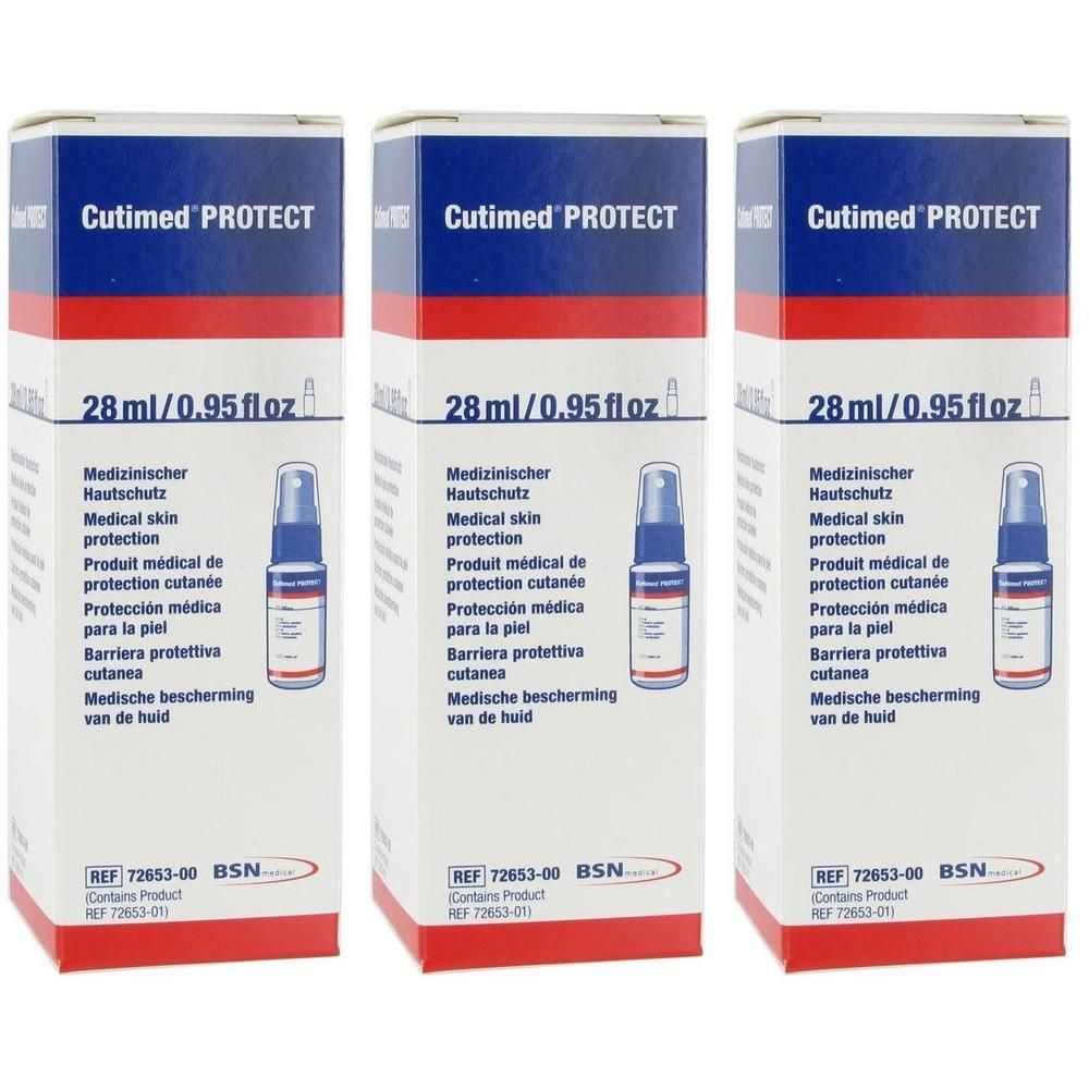 Trois boîtes de spray protecteur pour la peau Cutimed PROTECT, 28 ml. Chaque boîte montre un petit flacon pulvérisateur.