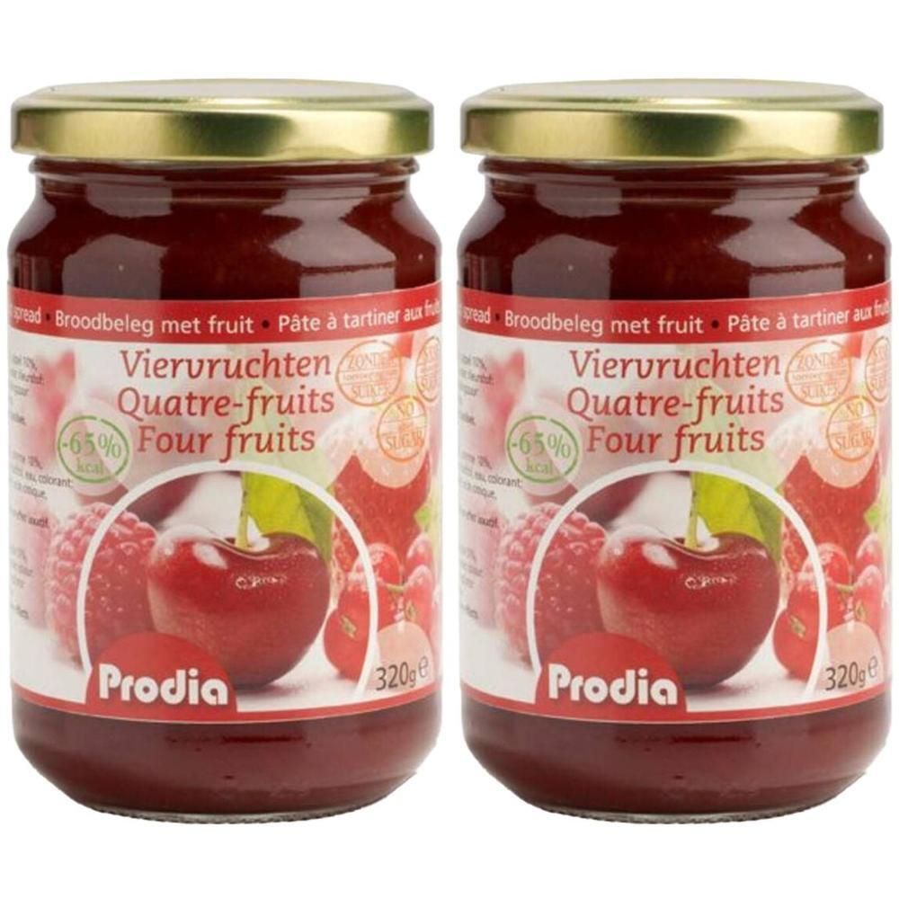 Twee potten Prodia Vierfruit confituur met maltitol. Met kersen en frambozen.