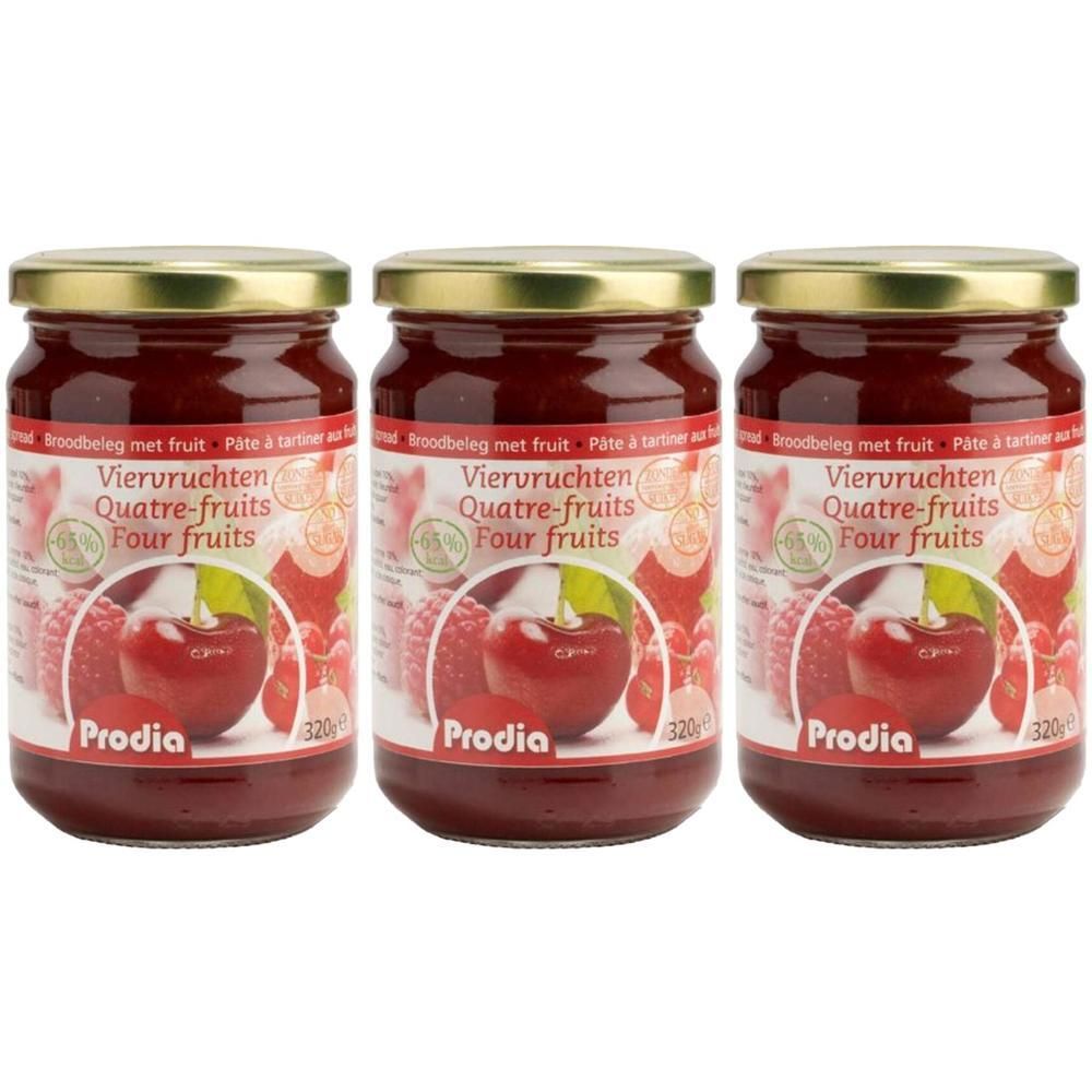 Trois pots de confiture Prodia Quatre-fruits avec maltitol. Chaque pot montre une cerise et des baies.