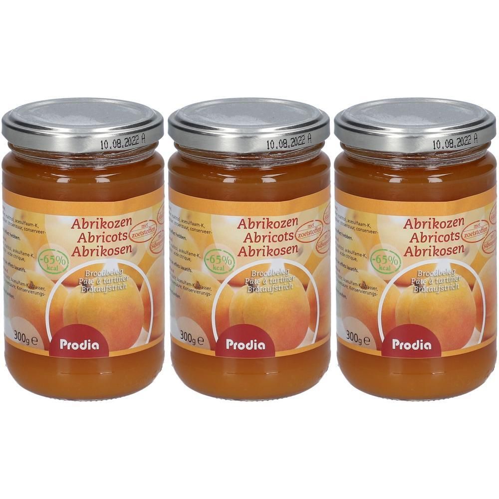 Drie potten Prodia abrikozenjam met maltitol. Elk potje bevat 300g.