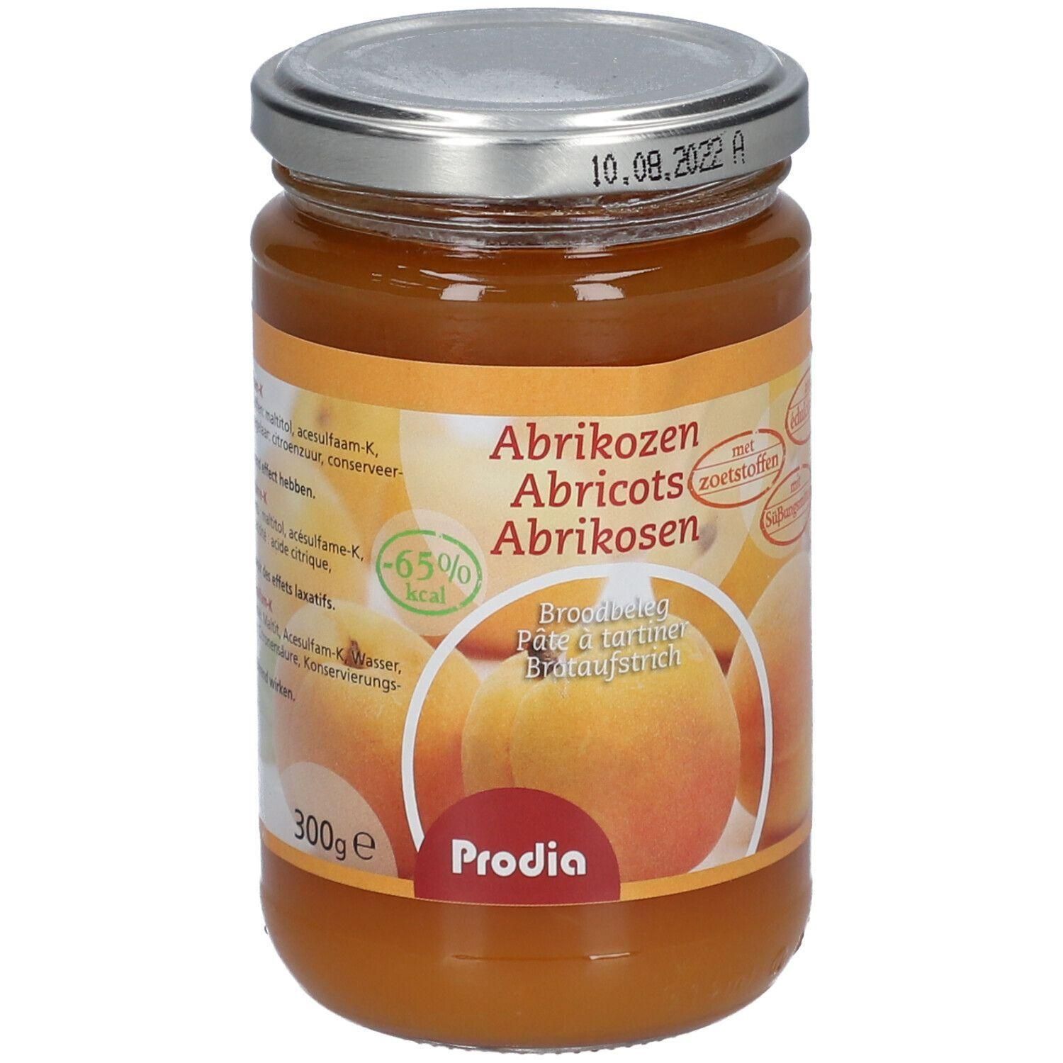 Prodia Abrikozen Broodbeleg in pot, 300g. Bevat zoetstoffen.