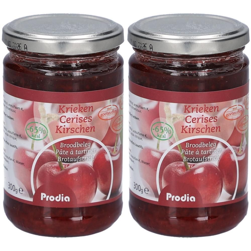 Twee potten kersenconfituur van Prodia, elk 300g. Met "-65% calorieën" aanduiding.