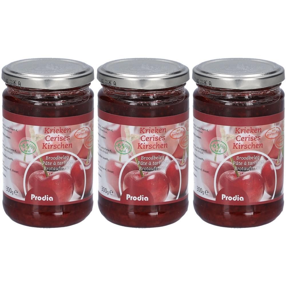 Drie potten Prodia Kersenspread + Maltitol. Elke pot toont kersen en bevat 300g.