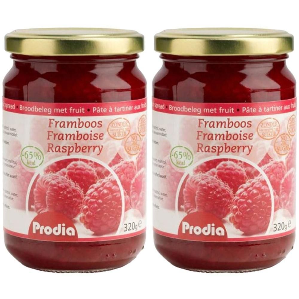 Twee potten frambozenspread met maltitol van Prodia, elk 320g.