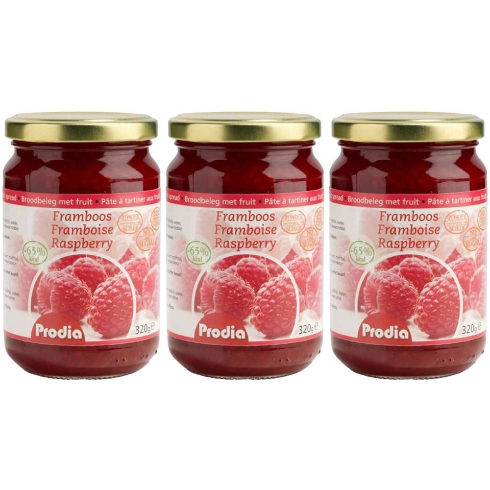 Trois pots de tartinade framboise avec maltitol de Prodia, 320g chacun.
