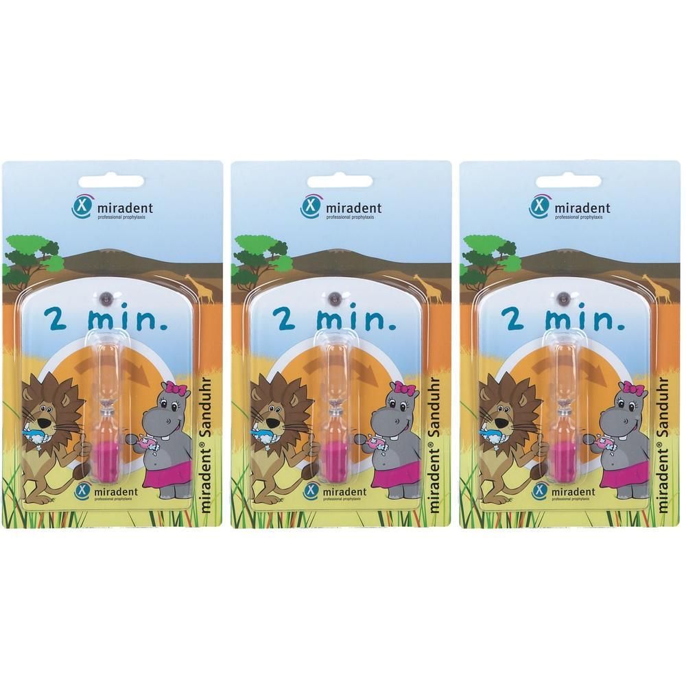 Drie Miradent zandlopers van 2 minuten, gevuld met roze zand, verpakt voor kinderen.