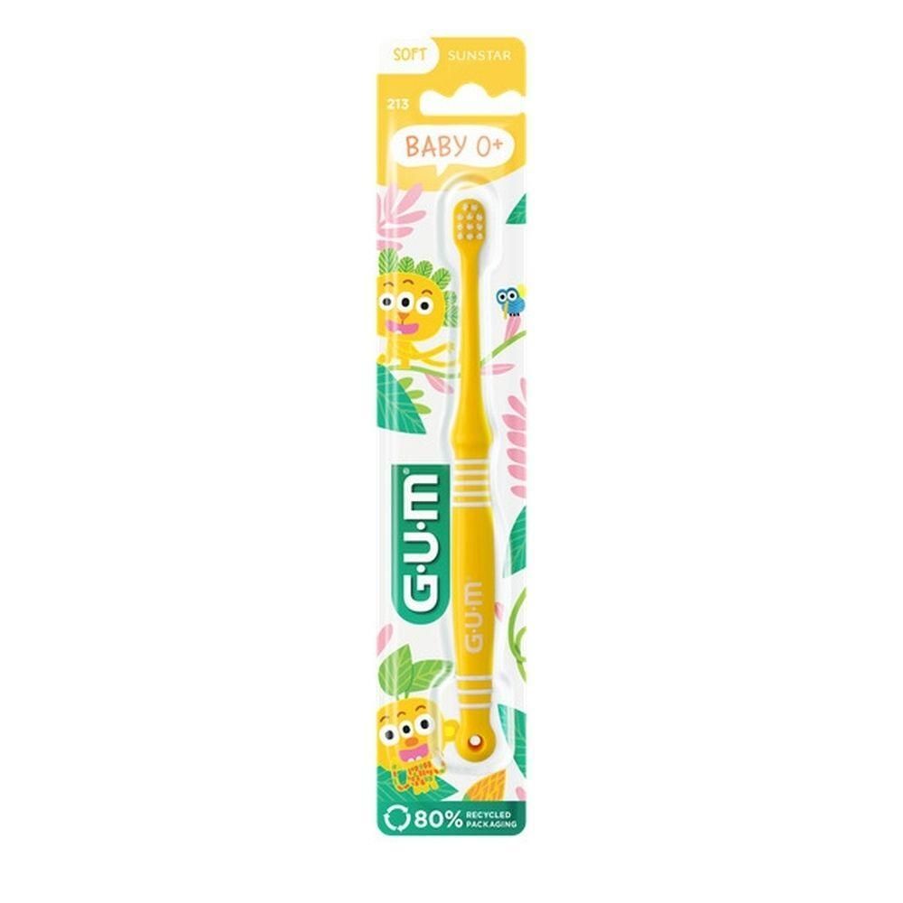 Brosse à dents GUM 213 Baby O+, jaune, souple, en emballage.