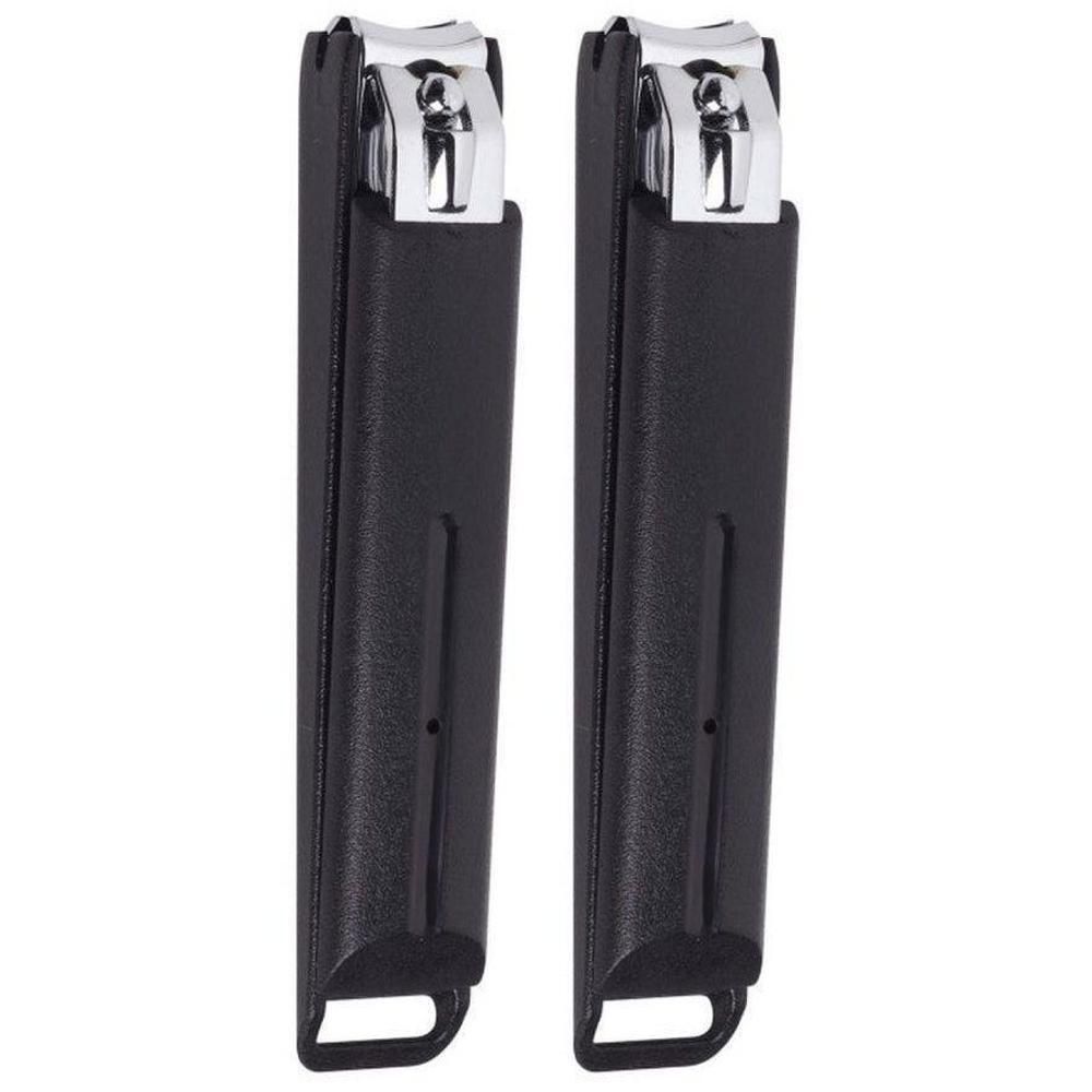 Twee zwarte nagelknippers met zilveren snijbladen en zwarte handgreep.