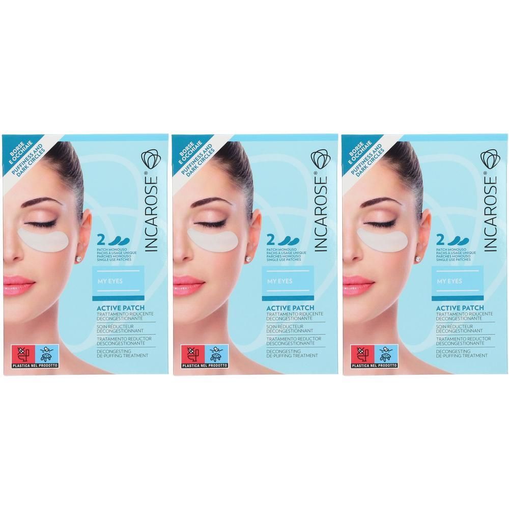 Drie verpakkingen Incarose My Eyes Hydrogel Active Patch met afbeeldingen van vrouwen die de oogpads dragen.