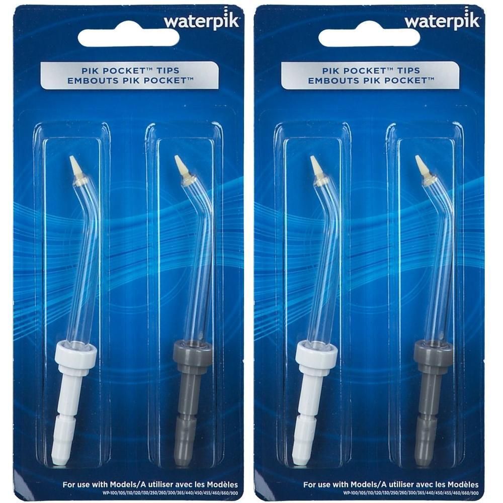 Deux embouts Waterpik Pik Pocket sous blister. Embouts transparents avec poignées blanches et grises.