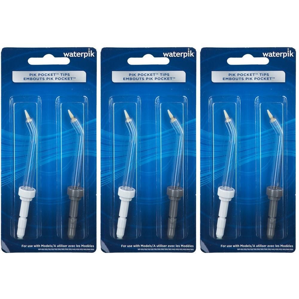 Trois paquets de Waterpik Pik Pocket Tips, chacun contenant deux embouts.