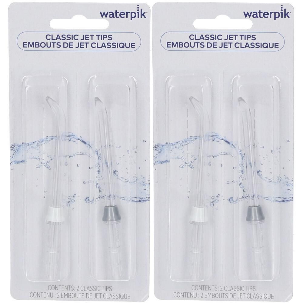 Deux embouts jet classique Waterpik en emballage blister. Embouts transparents en plastique avec extrémités colorées.