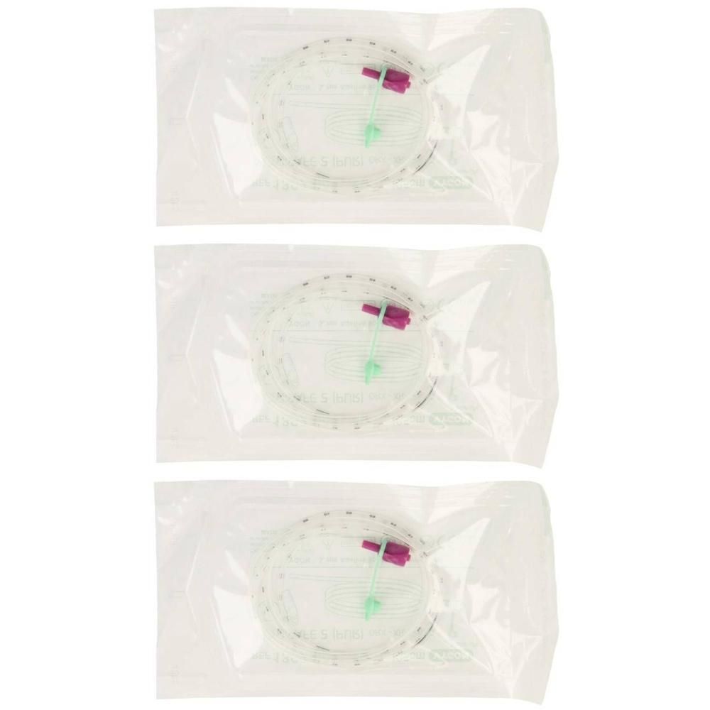 Trois sondes emballées stérilement, avec connecteurs violet et vert.