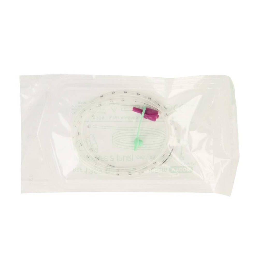 Steriele sonde met paarse connector en markeringen, in verpakking.