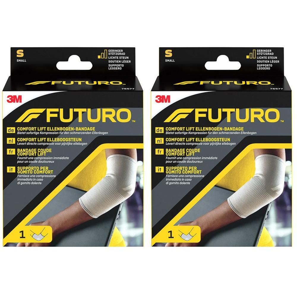 Deux bandages de coude FUTURO Comfort Lift, taille S, sur leurs emballages.