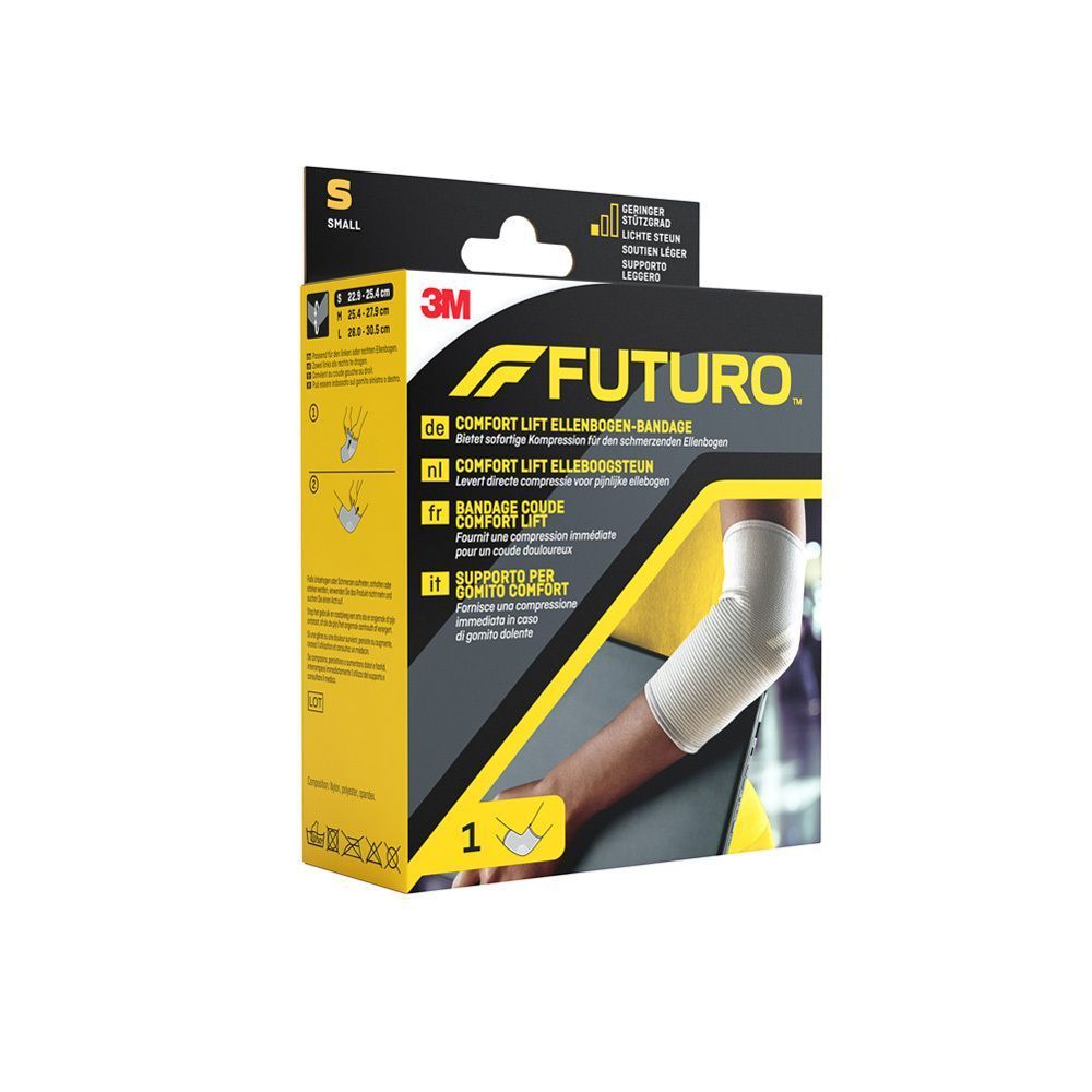 FUTURO Comfort Lift elleboogbandage, maat S, op verpakking, vooraanzicht.
