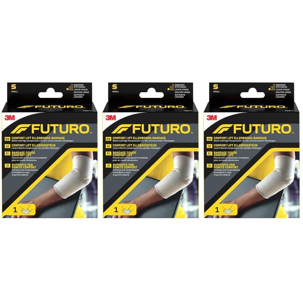 Trois paquets de bandage de coude FUTURO Comfort Lift, taille S.