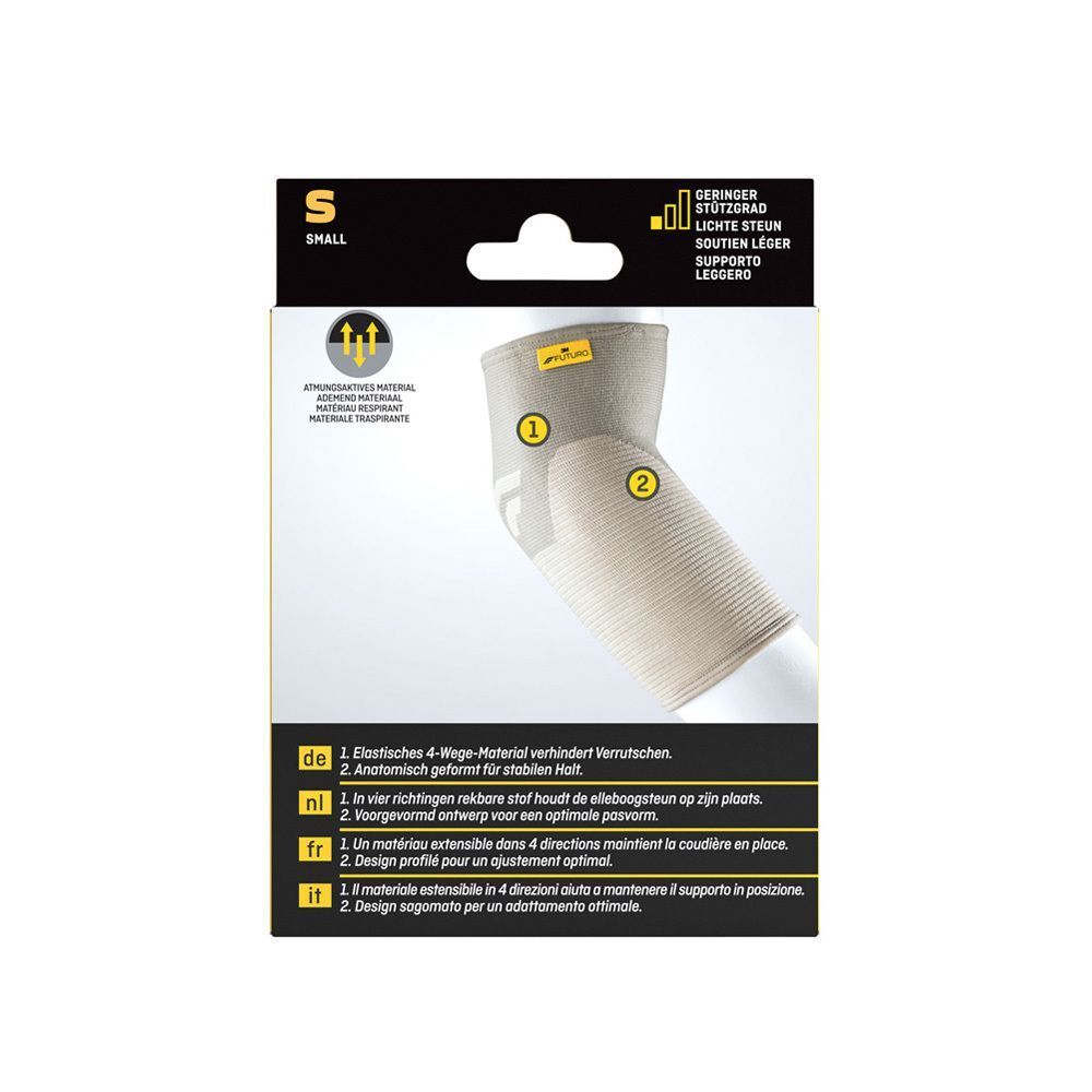 FUTURO Comfort Lift elleboogbandage, maat S, met gedetailleerde weergave.