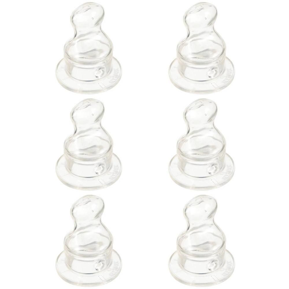 Six tétines transparentes en silicone pour biberon, de petite taille.