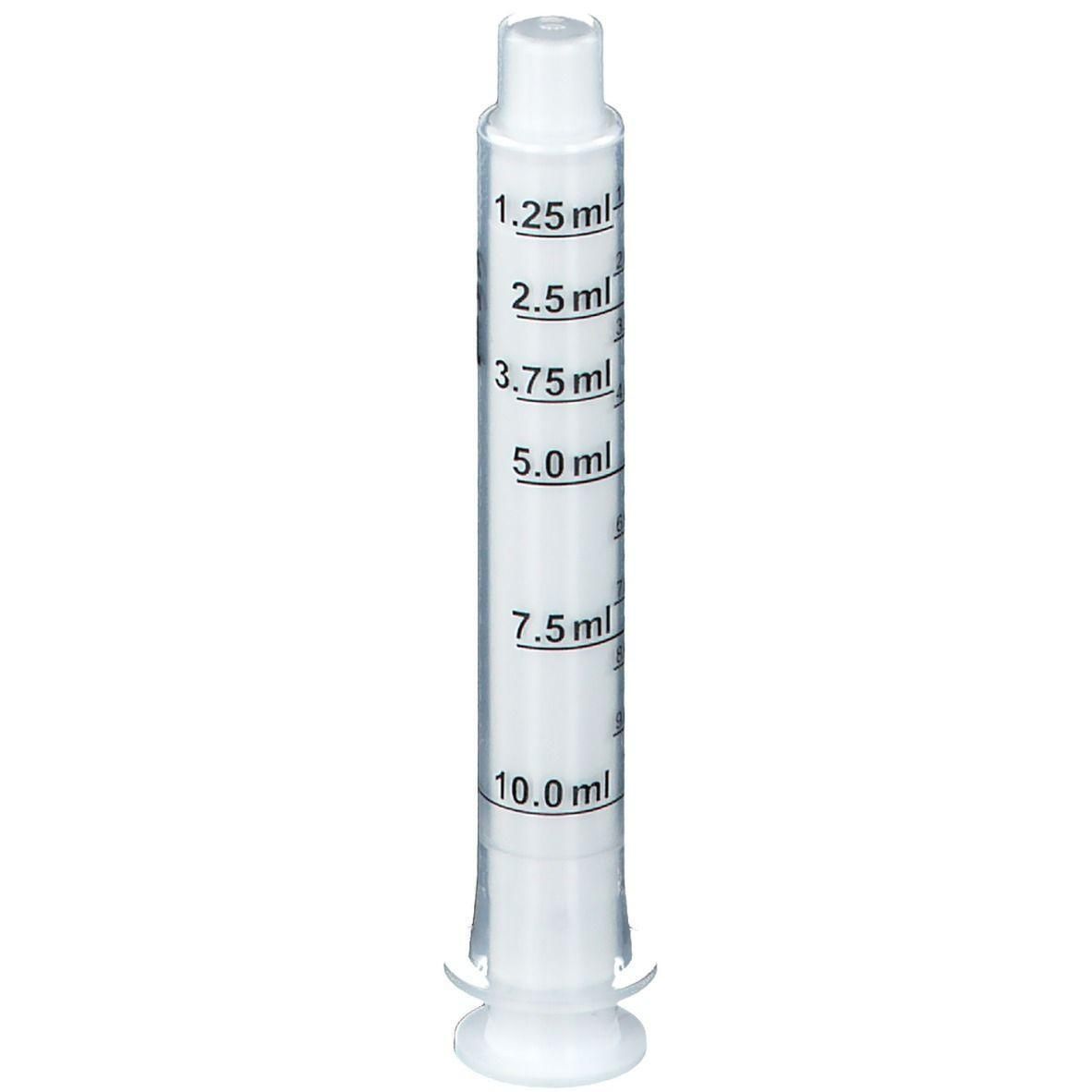 Transparante plastic doseerspuit met markeringen van 1,25 ml tot 10 ml.