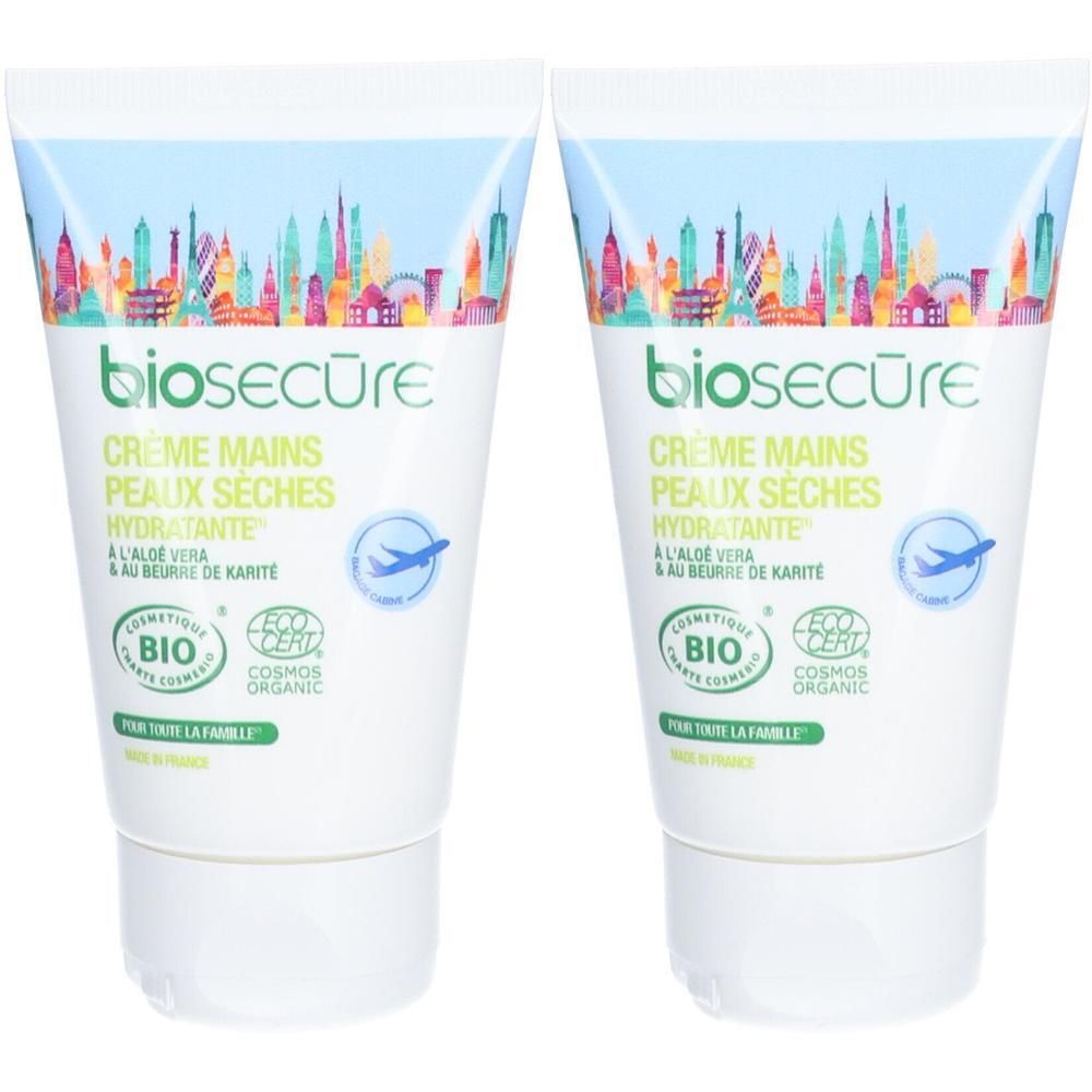 Deux tubes de crème mains Biosecure pour peaux sèches, hydratante, à l'aloe vera et beurre de karité.