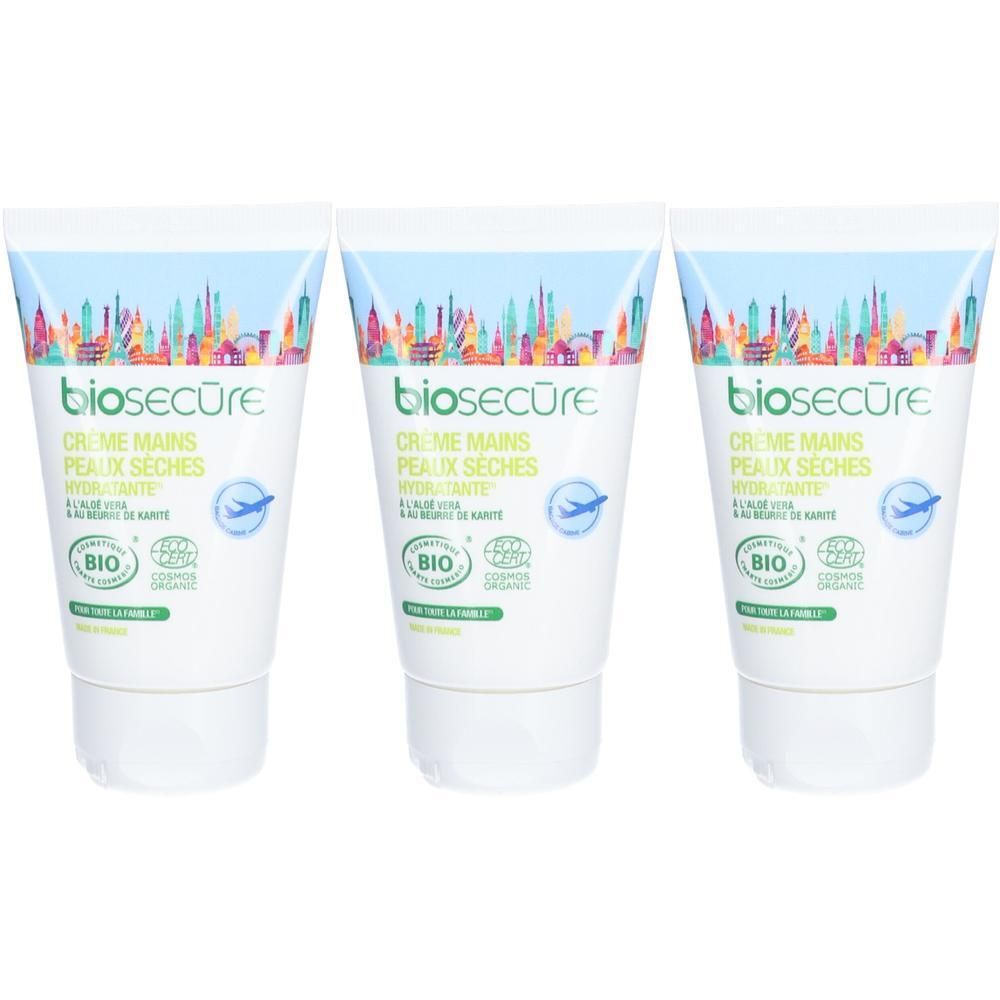 Trois tubes de crème mains Bio Secure pour peaux sèches, à l'aloe vera et beurre de karité. Certifiée BIO et COSMOS ORGANIC.