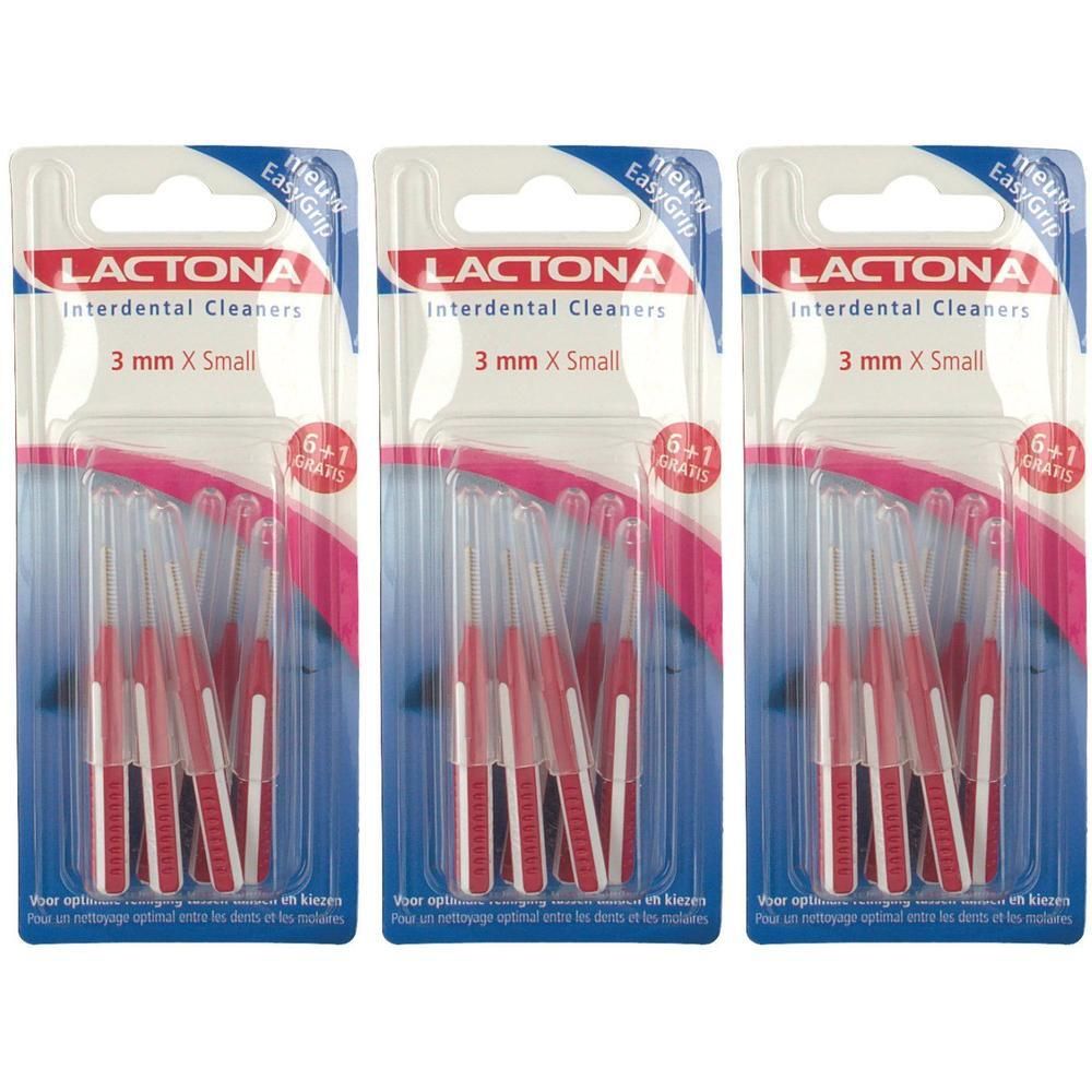 Drie pakjes Lactona interdentale borsteltjes, 3 mm X Small, met Easy Grip.