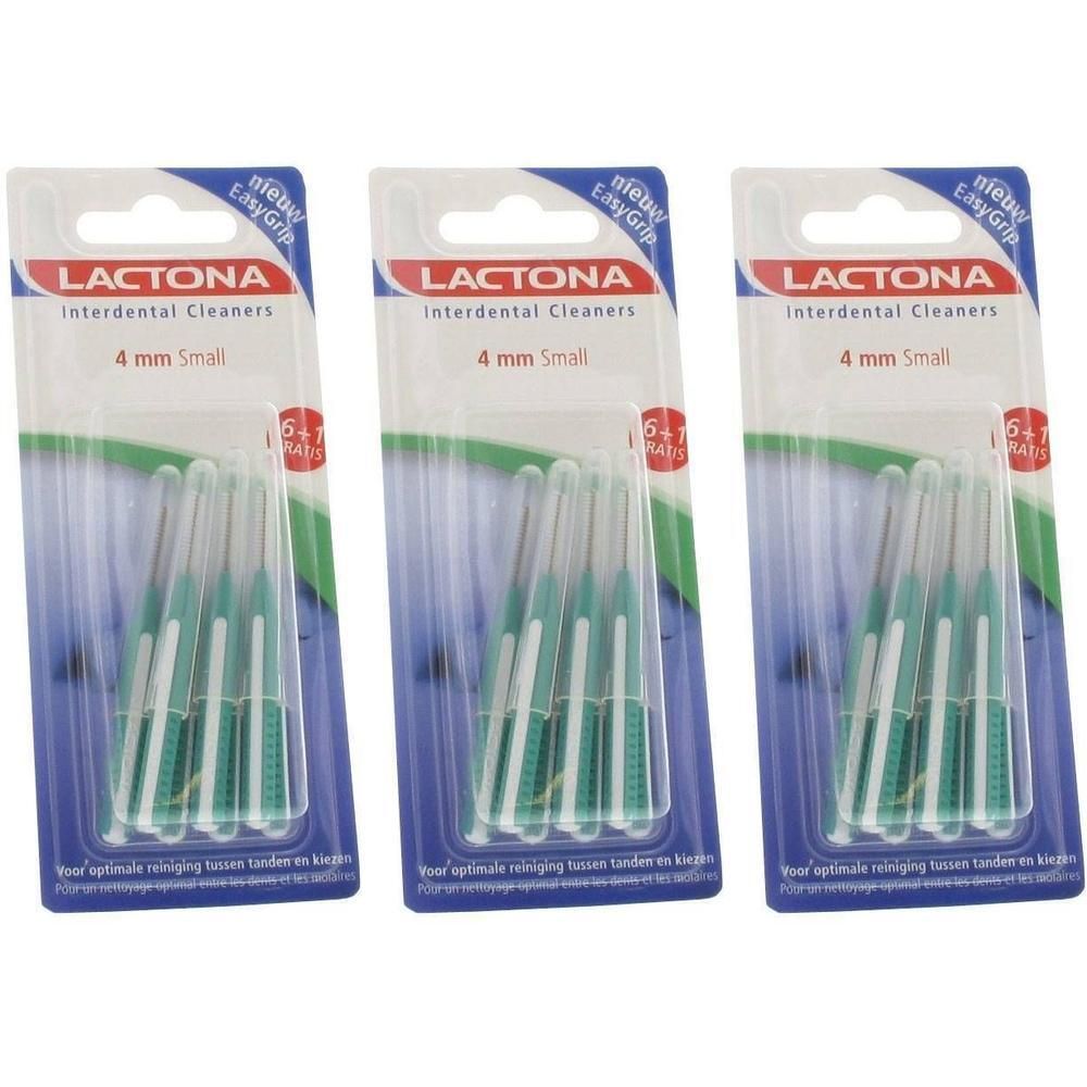 Drie pakken Lactona interdentale borsteltjes, 4 mm Small, met groene borstels en witte handvatten.