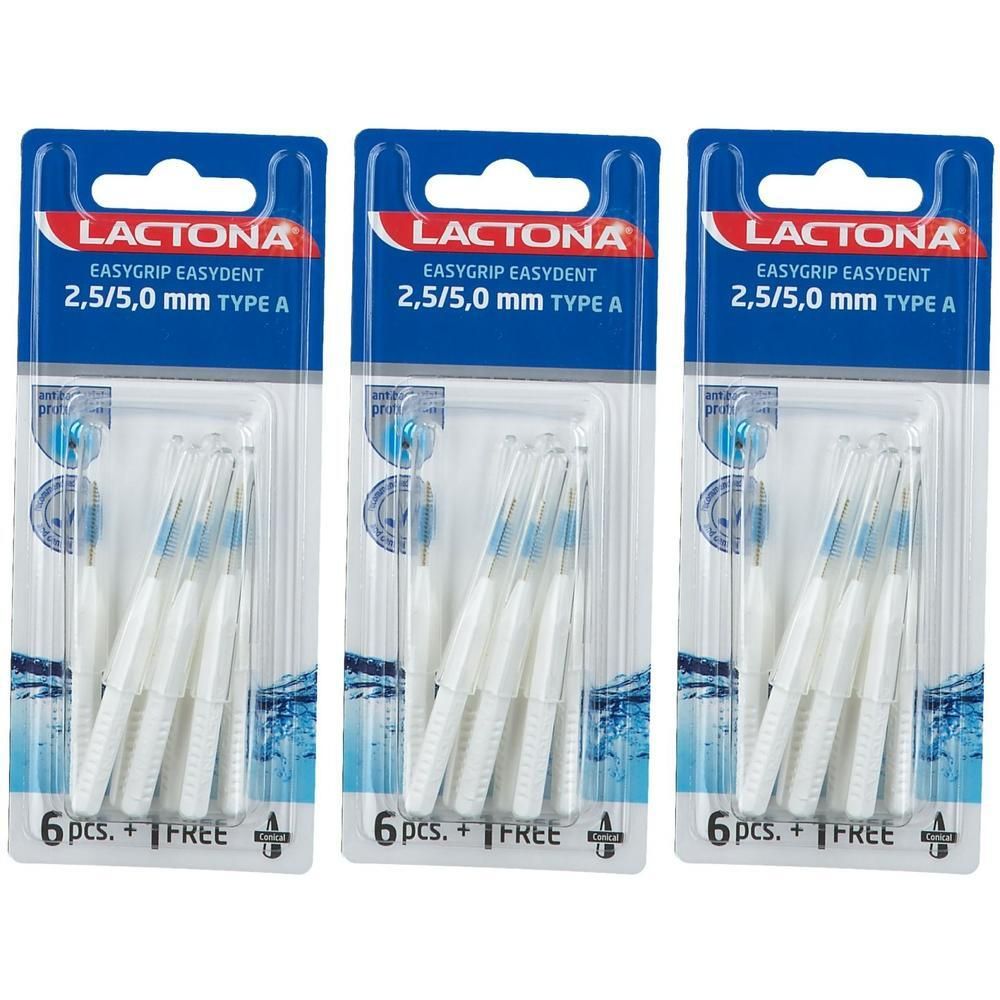 Drie pakken Lactona EasyGrip Easydent interdentale borsteltjes, 2,5/5,0 mm, Type A, 6 stuks + 1 gratis per pak.