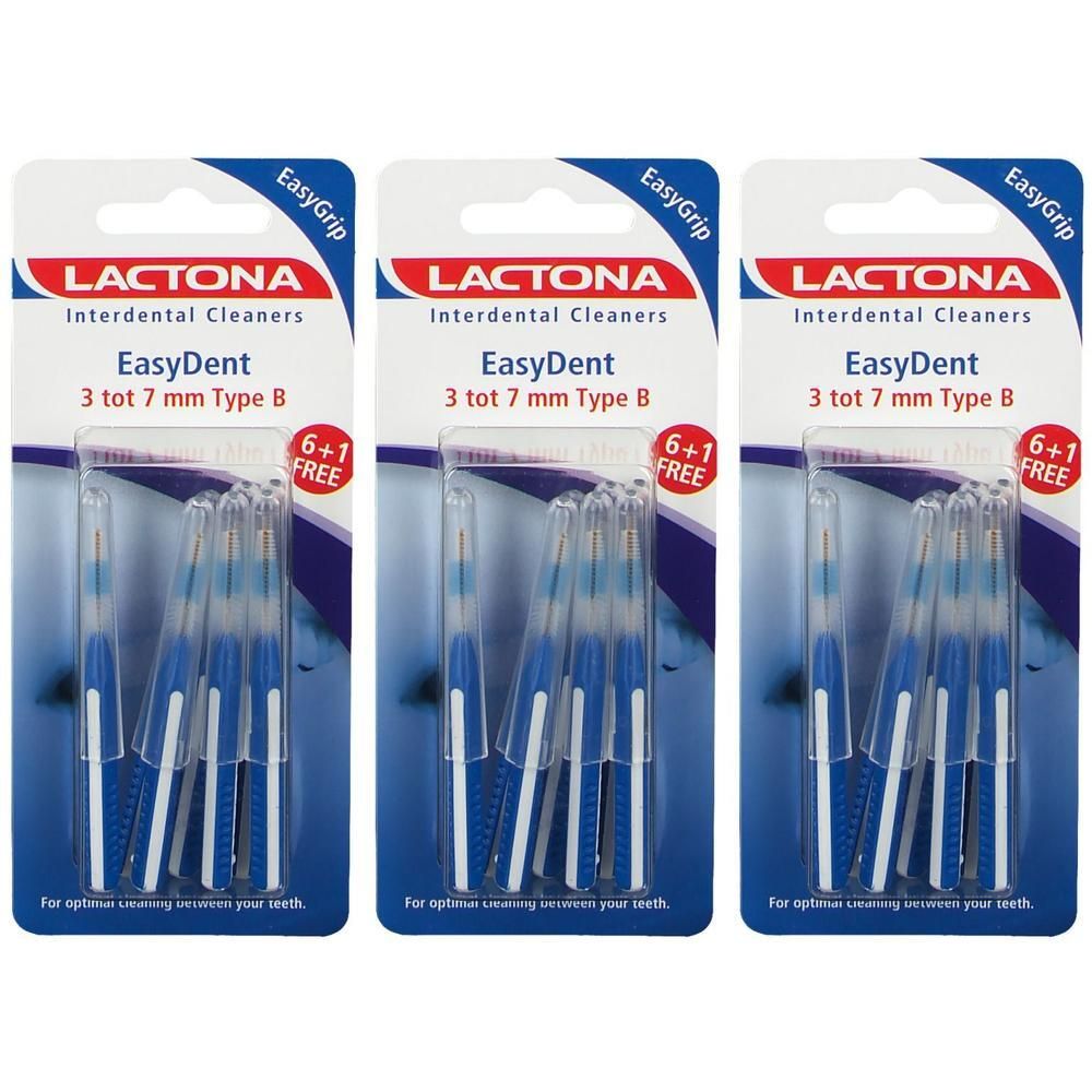 Trois paquets de brossettes interdentaires Lactona EasyDent, Type B, 3-7 mm. Manchettes bleues, capuchons transparents.