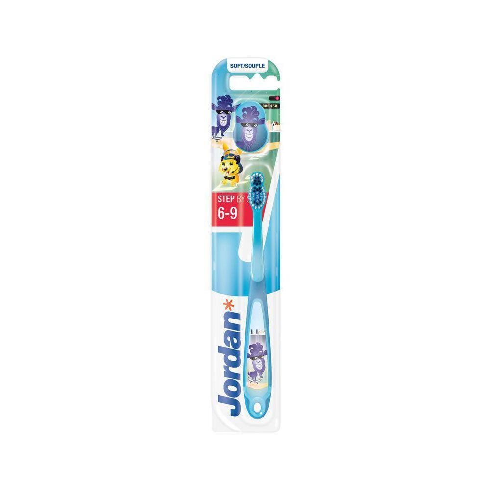 Jordan tandenborstel blauw voor kinderen 6-9 jaar, met dierenprint.