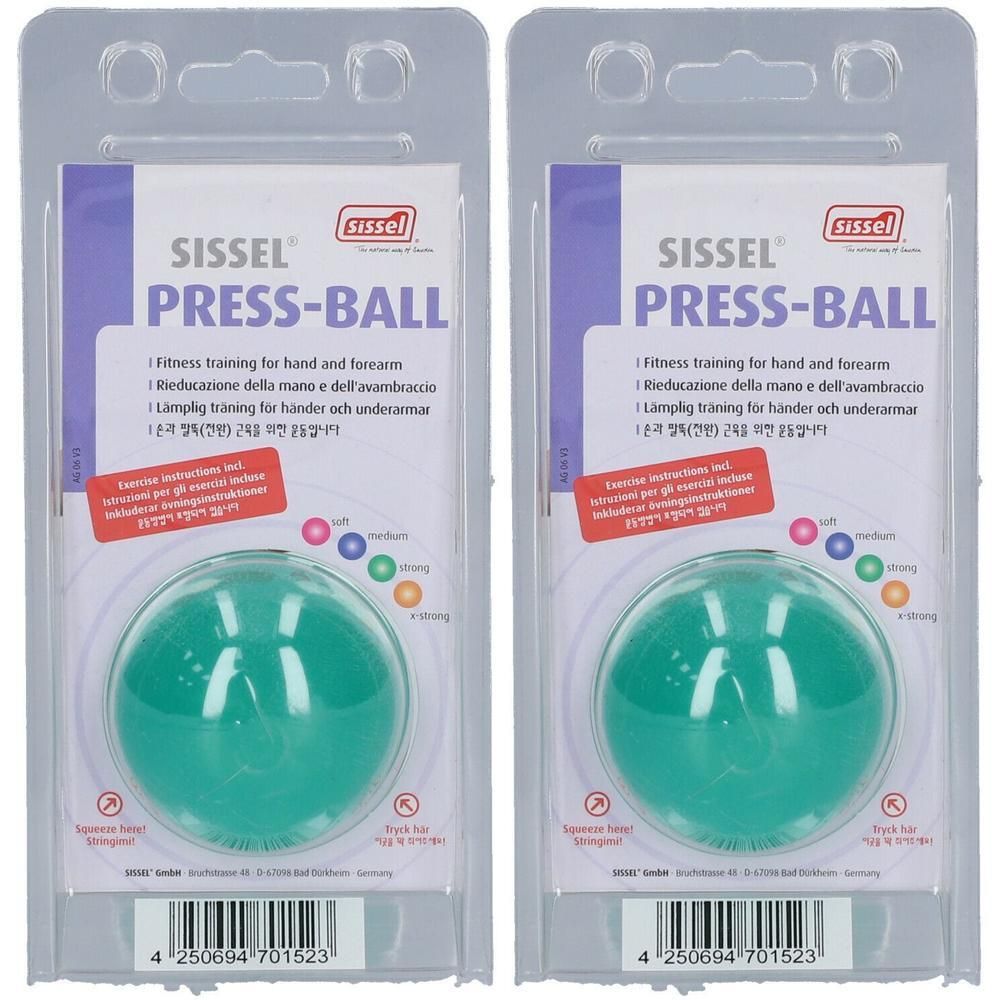 Twee groene Sissel drukballen in blisterverpakking.