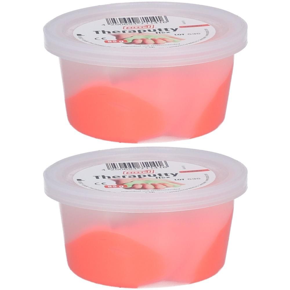 Twee bakjes koraalkleurige therapiekneedmassa.