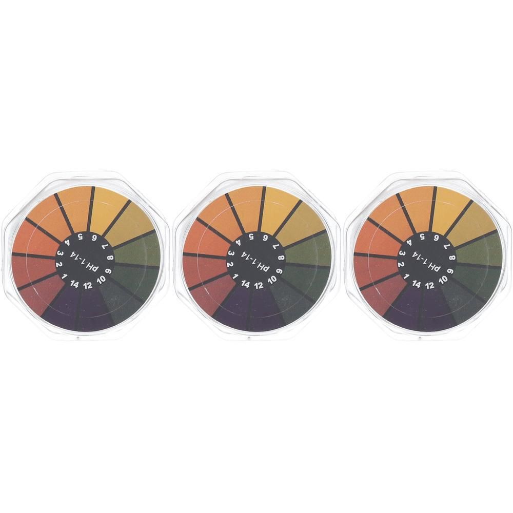 Trois bandelettes de test de pH rondes avec une échelle de couleurs de 1 à 14.
