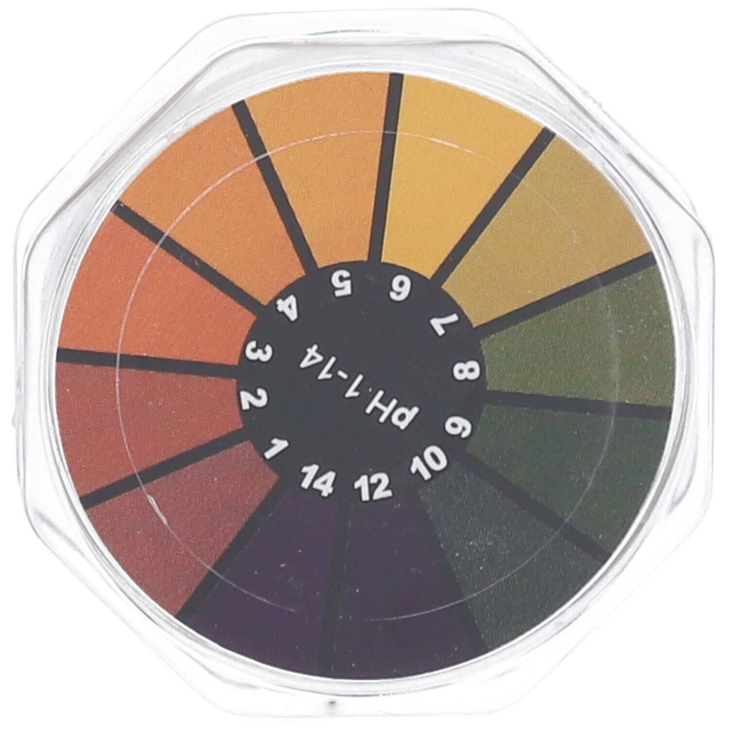 Bandelettes de test de pH en forme de roue avec une échelle de couleurs de 1 à 14.