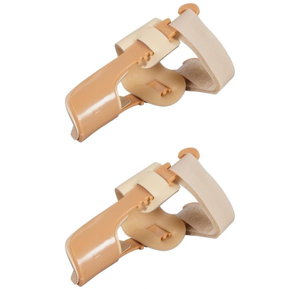 Twee Hallux Valgus correctoren van kunststof en textiel, beige en lichtbruin.