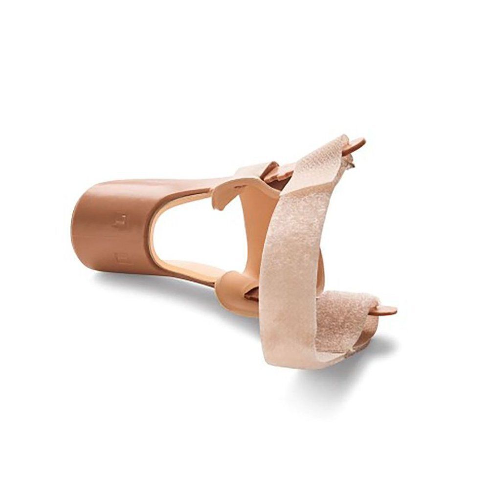 Een Hallux Valgus corrector van kunststof en textiel, beige en lichtbruin, zijaanzicht.