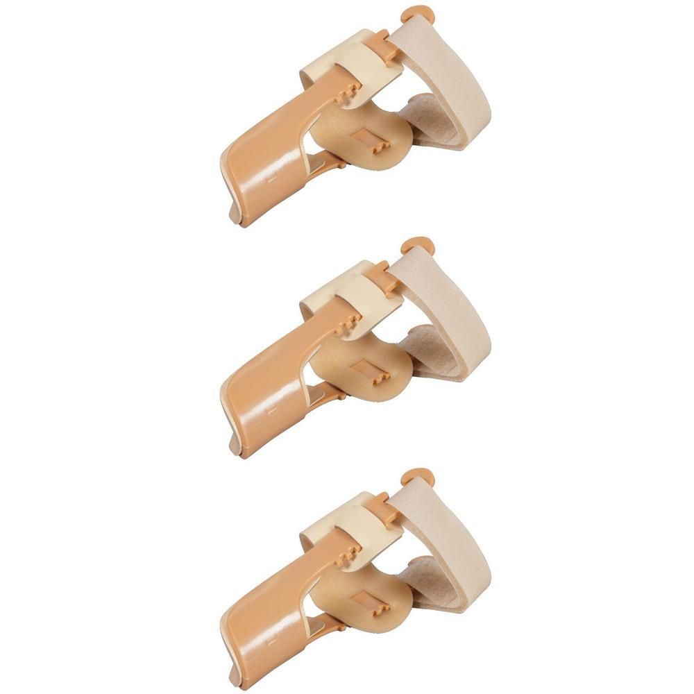 Trois correcteurs Hallux Valgus en plastique clair avec sangles beiges.
