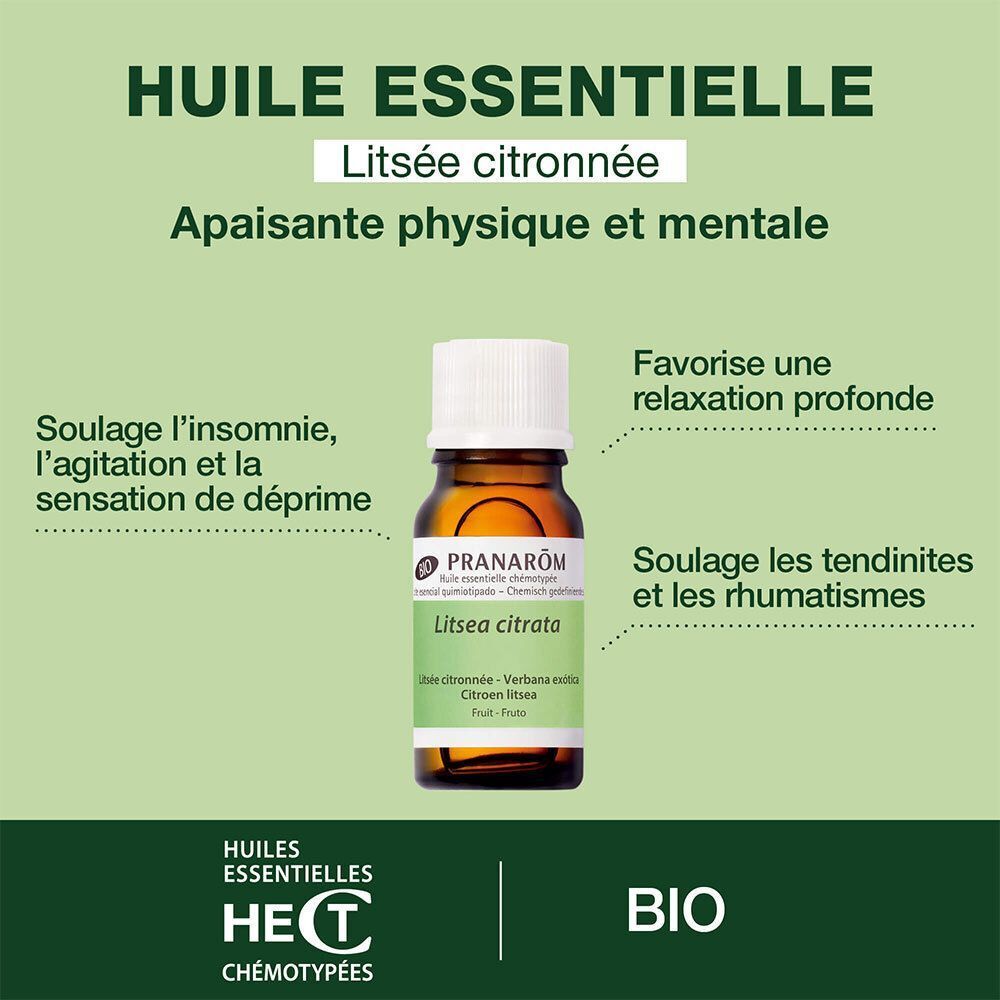 Flacon d'huile essentielle de Litsée Citronnée Pranarôm avec informations sur les bienfaits.