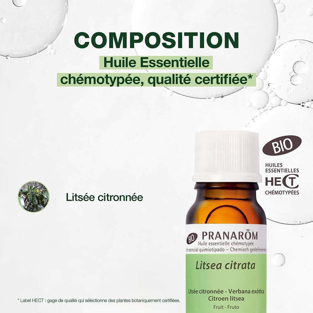 Flacon d'huile essentielle de Litsée Citronnée Pranarôm, certification Bio.
