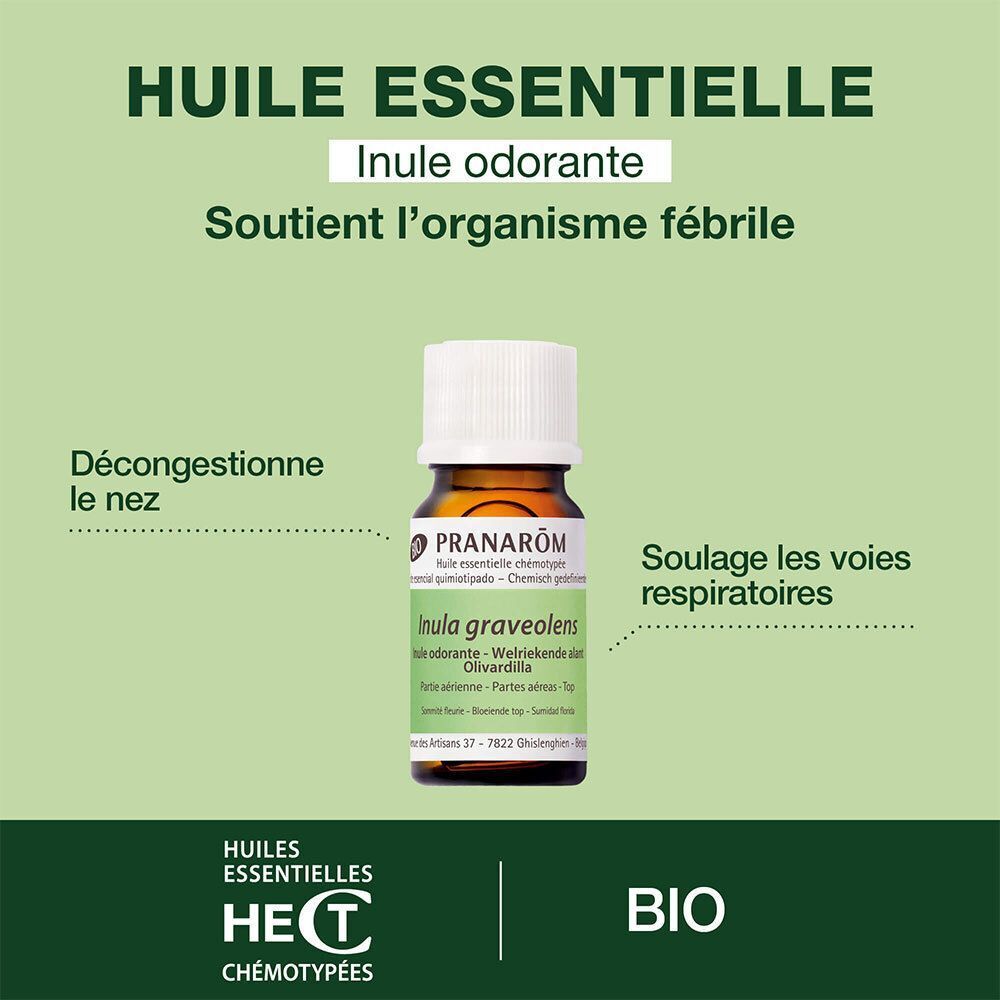 Flacon Pranarôm Huile Essentielle Inule Odorante Bio avec texte sur les voies respiratoires.