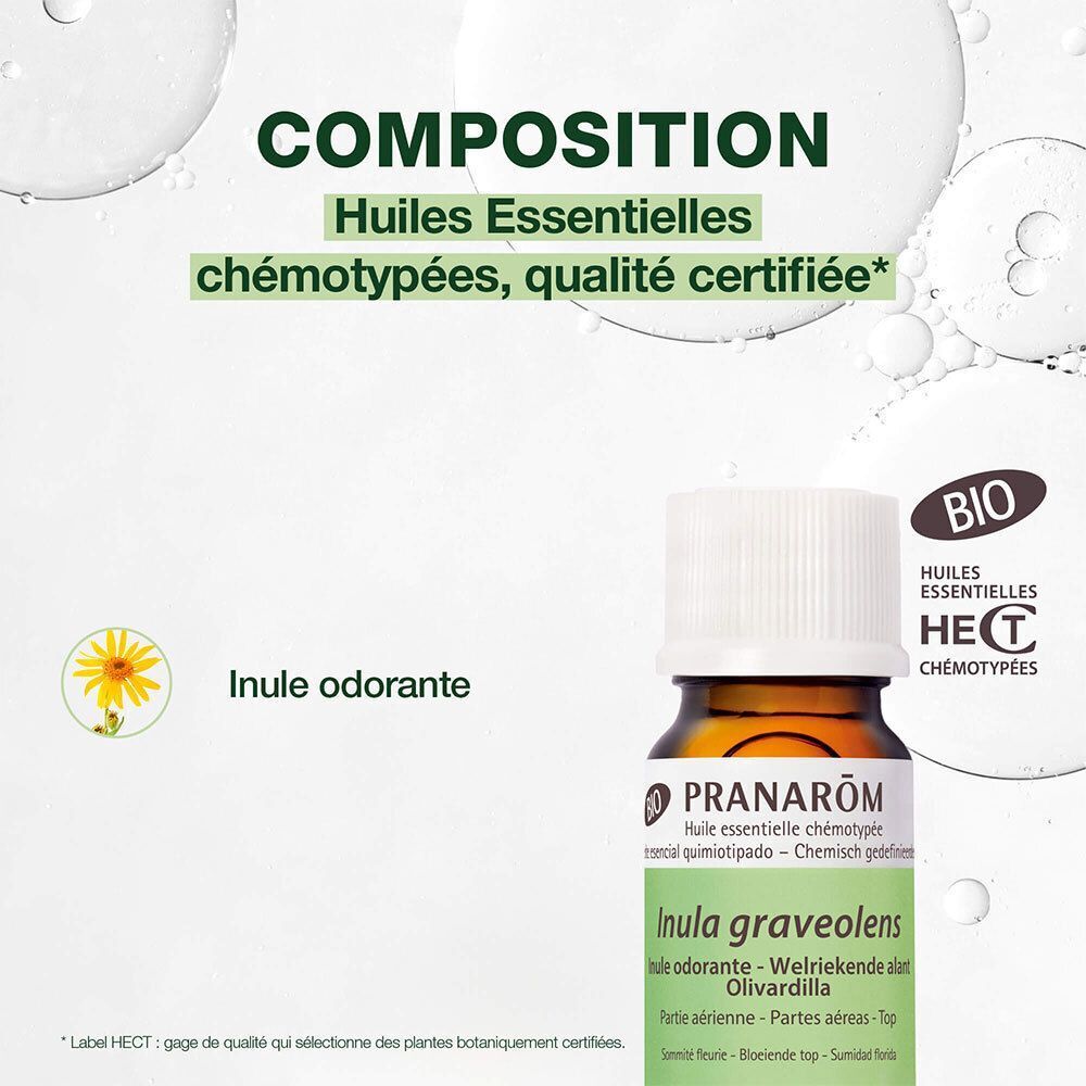 Composition Huile Essentielle Inule odorante Bio Pranarôm, qualité certifiée.