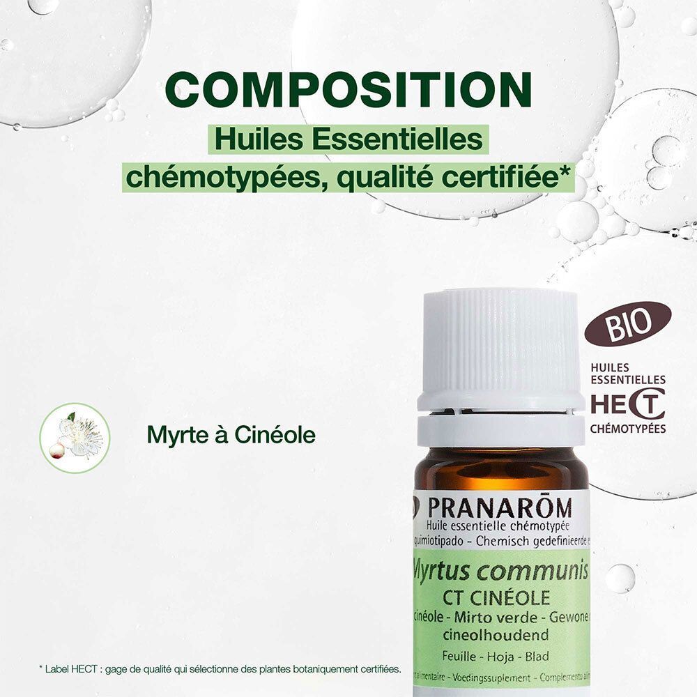 Flacon d'huile essentielle bio Pranarôm Myrte à Cinéole, avec certifications.