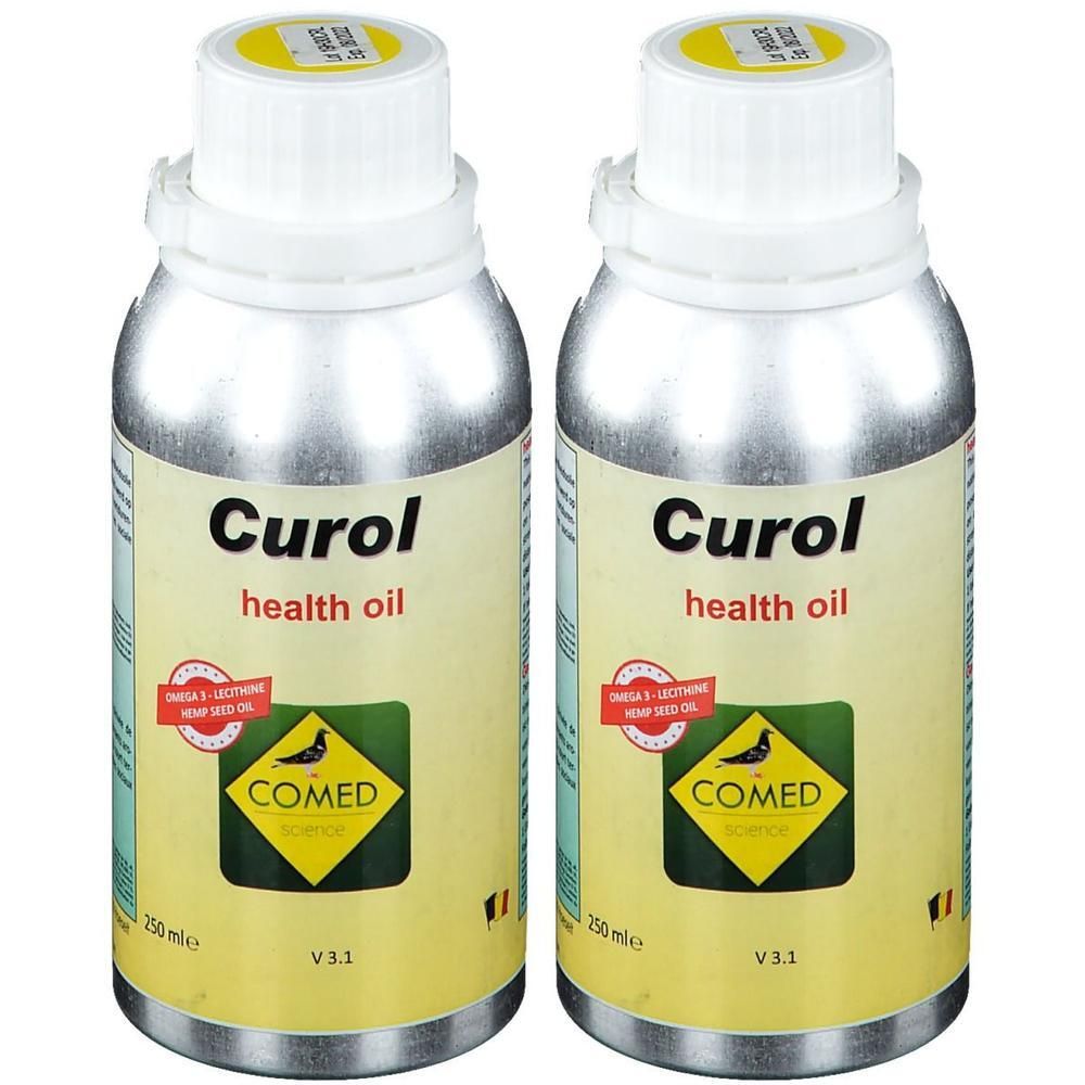 Twee aluminium flessen Curol Health Oil, elk 250 ml.