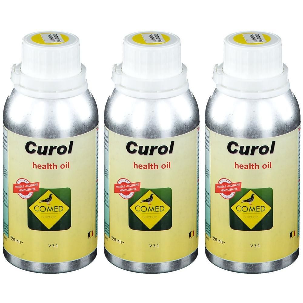 Trois flacons d'huile Curol Health Oil, chacun 250ml.