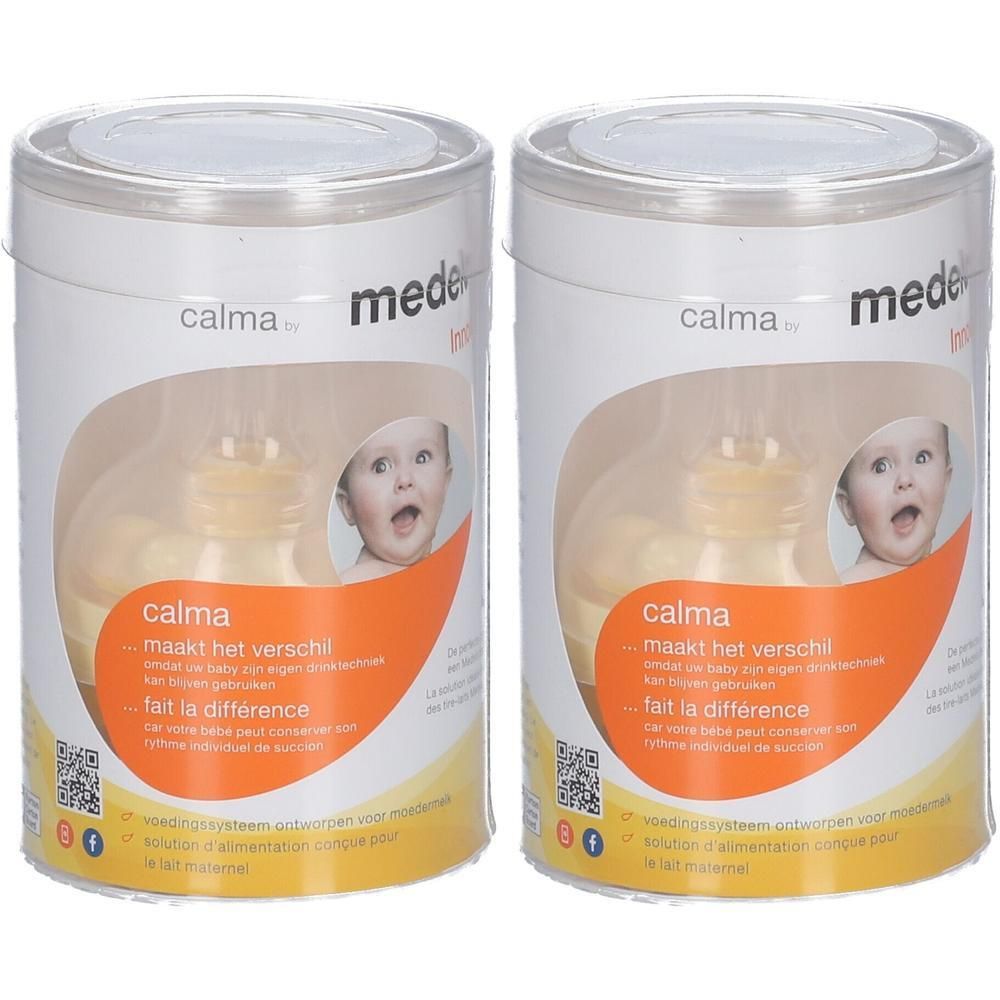 Twee Medela Calma spenen in verpakking met babyfoto.