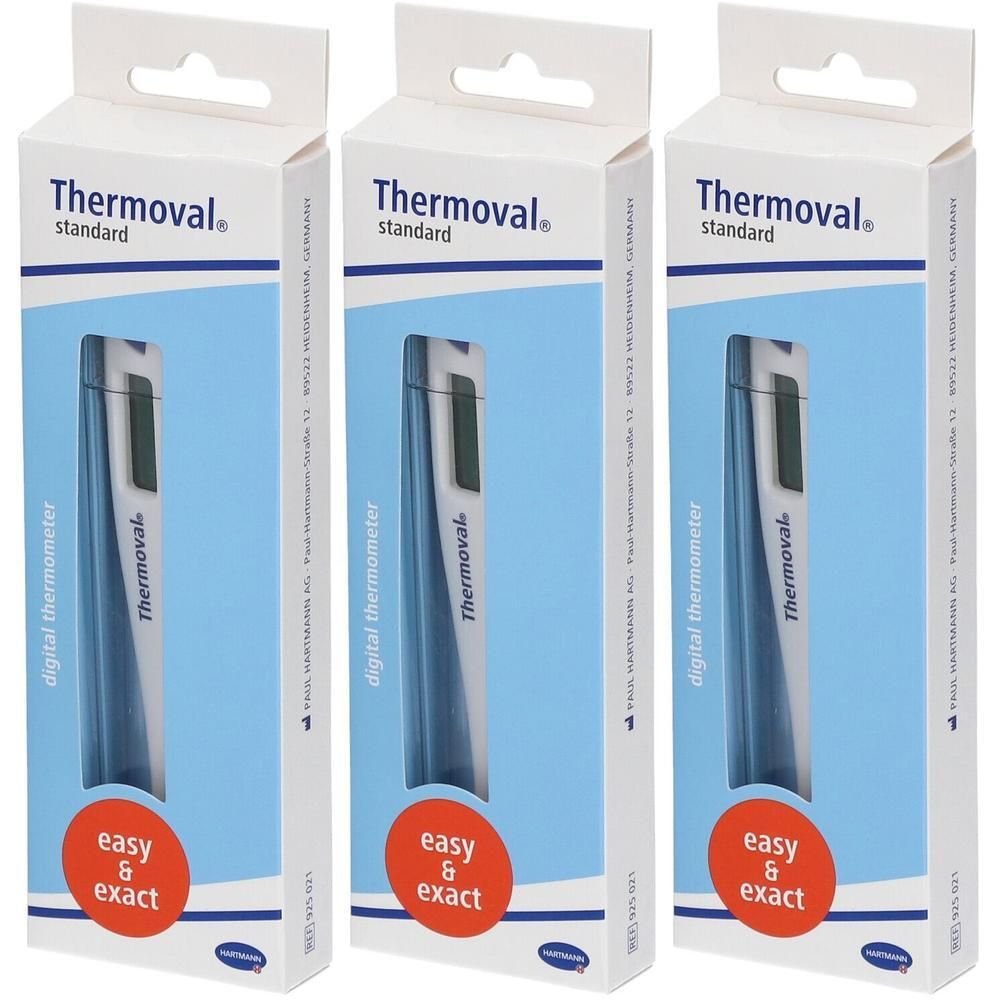 Drie verpakkingen van de digitale thermometer Thermoval Standard met digitaal display en blauwe hoes.