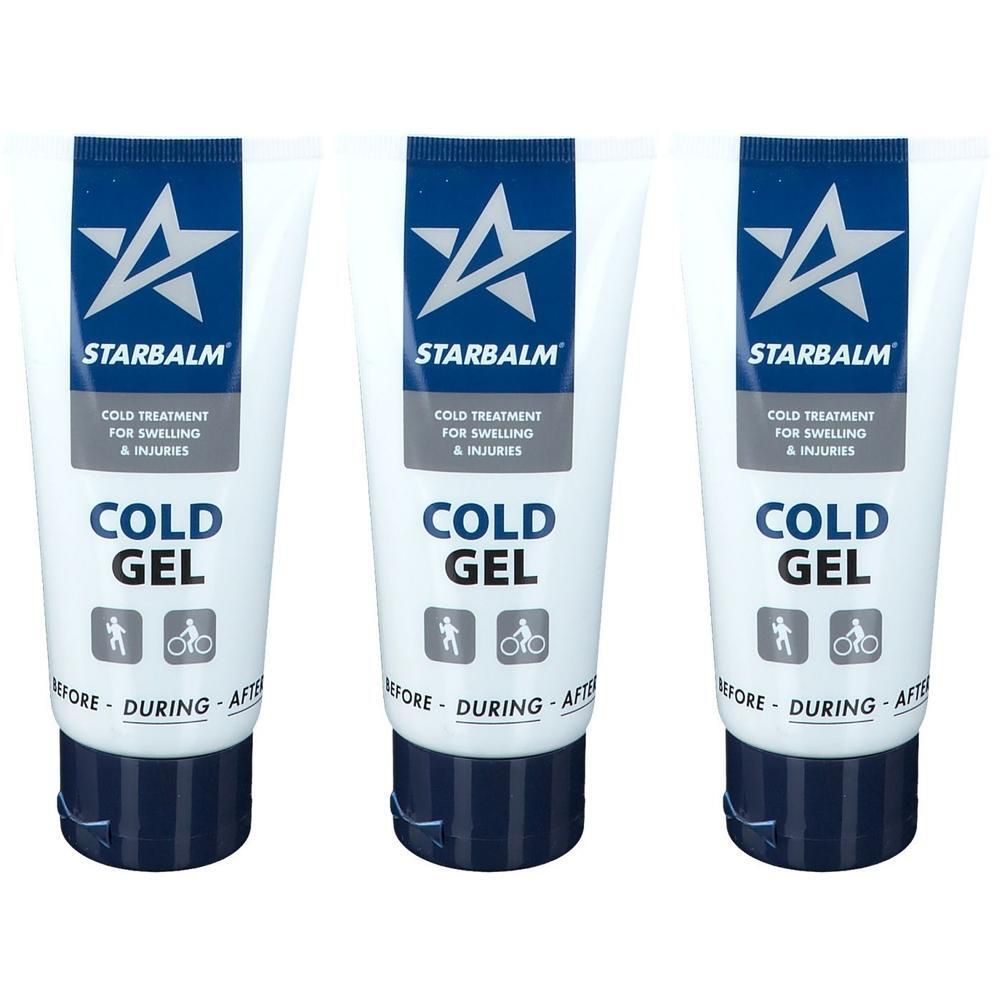 Drie tubes STARBALM Cold Gel voor de behandeling van zwellingen en blessures.