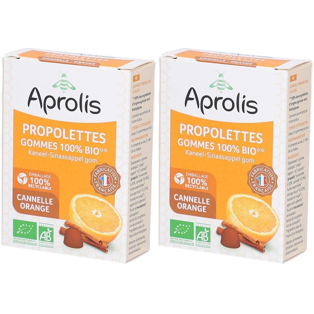 Deux paquets de Propolettes Aprolis saveur Cannelle-Orange. 100% Bio.