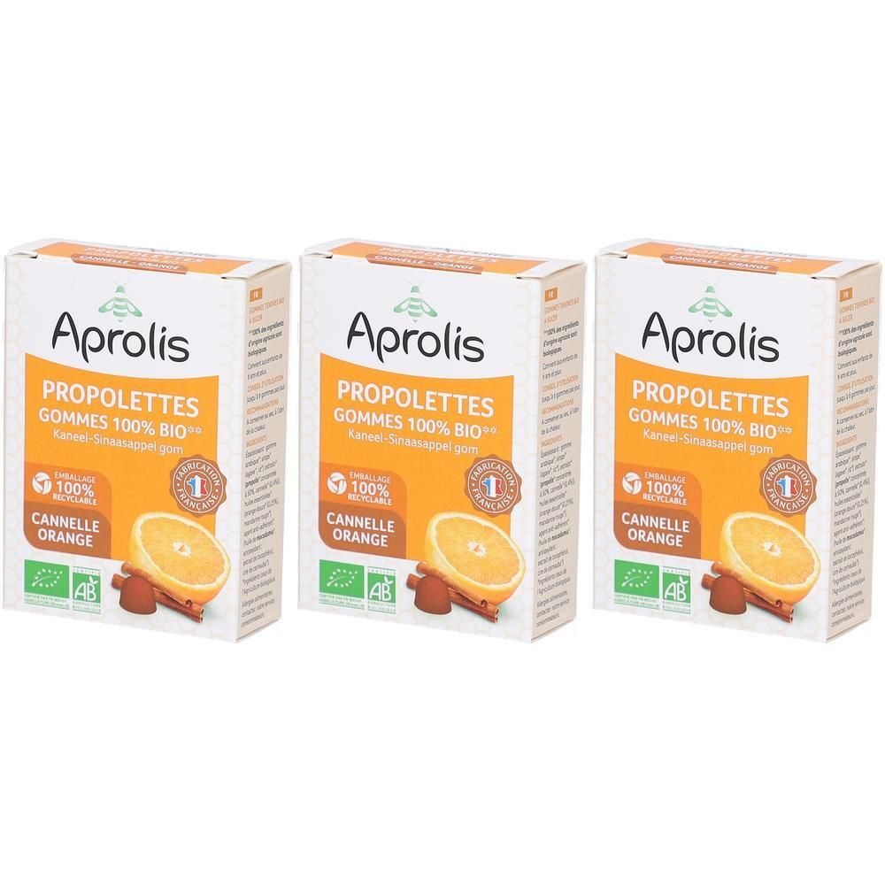 Trois boîtes de Propolettes Aprolis saveur Cannelle-Orange. Certifié Bio.